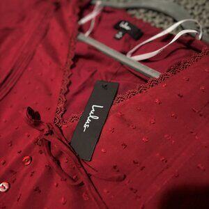 Lulus NWT XL Ruby Red Button Front Clip Dot Rayon Maxi Dress Tiered Ruffle